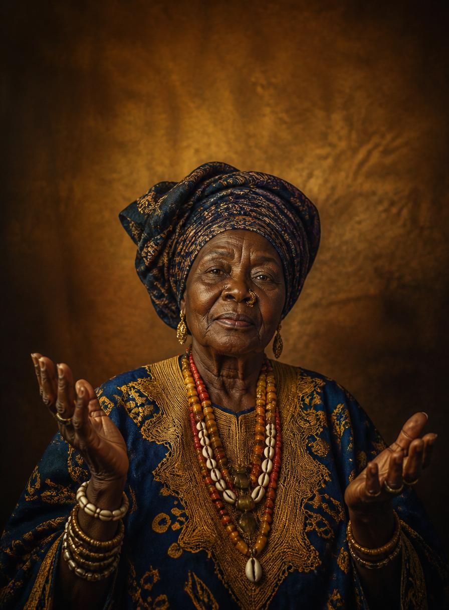 Mama Africa — gardienne du savoir, vêtue de boubou traditionnel et de perles ancestrales